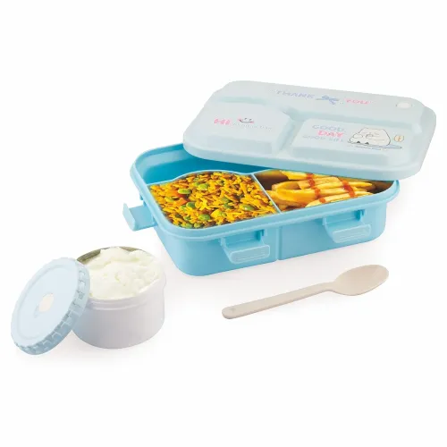 Image of ATTRO Smiley Bite Plastic Lunch Box 3 Compartment Bento Tiffin 1220ml+200ml