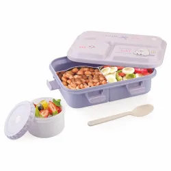 ATTRO Smiley Bite Plastic Lunch Box – 3 Compartment Bento Tiffin, Leak-Proof & Durable, Plastic Spoon, Ideal for Kids, School, Picnic– 1220ml+200ml, Purple