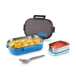 ATTRO Meal Time Stainless Steel Insulated Lunch Box with Small Container Airtight Leak-Proof Perfect for Office, School, Picnic, 800 ml - Sky Blue