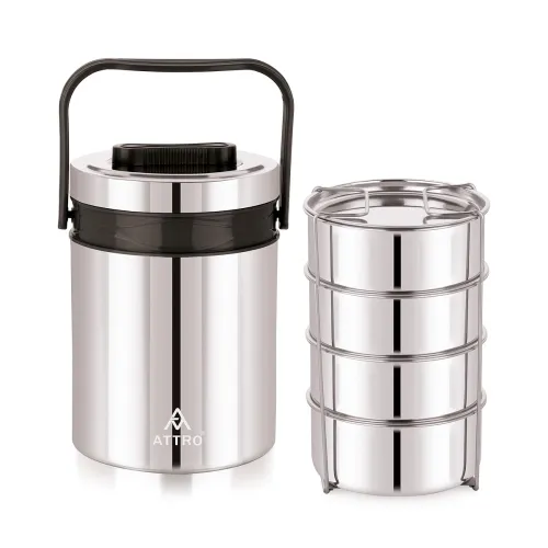 Image of ATTRO Steel On 4 Insulated Tiffin Box 4 Stainless Steel Containers Easy Carry Handle, BPA-Free, Leakproof Office, School