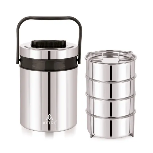 Image of ATTRO Steel On 4 Insulated Tiffin Box 4 Stainless Steel Containers Easy Carry
