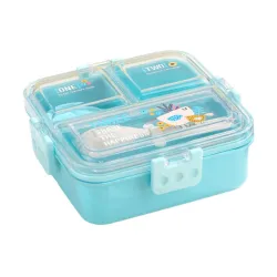 ATTRO Tasty Bite 3 Compartment Lunch Box with Small Container & Spoon BPA Free Food Grade Leak-Proof Microwave Safe Ideal for Kids-1020ml+70ml Blue, Plastic