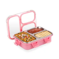 ATTRO Trio Meal Stainless Steel Lunch Box with 3 Partition, Microwave Safe, Airtight Leakproof Silicone Seal Lid, BPA-Free Food Grade Tiffin Box for Office School Kids – 600ml – Pink