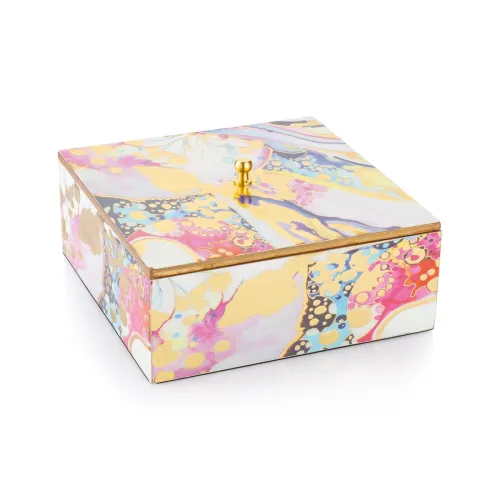 Image of ATTRO Elegant Rainbow Gold Designer Wooden Square Multipurpose Storage Box with Lid for Kitchen, Accessories, or Serving