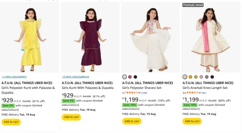 Image of A.T.U.N. Girl's Ethnic Wear at minimum 70% Discount