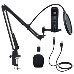 Audio Array AM-C42 Plug & Play AI Noise Cancelling USB Condenser Microphone | Mute Button/Echo/Volume Knob | Kit with Boom Arm & Pop Filter | Karaoke, Gaming, Streaming, Podcast | Mac/PC/Mobile