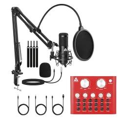 Audio Array Singing Bundle | Condenser Mic with Boom Arm & Sound Card V8 | Voice Effects, Reverb, Bluetooth