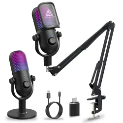Audio Array AM-C47 RGB USB Condenser Mic Kit | AI Noise Cancellation, 192kHz/24Bit Studio Quality, Touch Control, Headphone Monitoring | Podcasting, YouTube, Gaming & Streaming | Mac/PC & Mo...