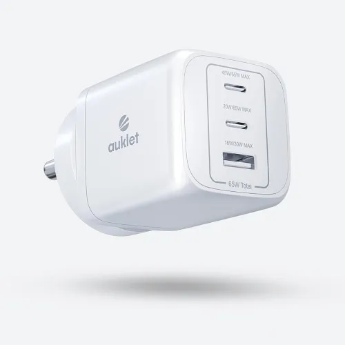 Image of Auklet 65W GaN Fast Wall Charger, with PD & PPS Support, USB 2C, 1A Port, BIS Certified, Compatible with All iPhones, iP