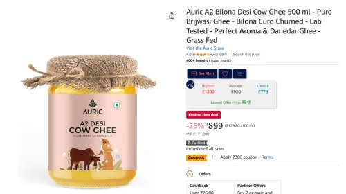 Image of Auric A2 Bilona Desi Cow Ghee 500 ml 