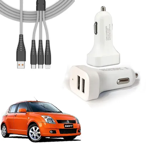 Image of Auto Pearl 2 Ports Fast Car Charger with 3 in 1 White Cable, Dual USB, Turbo Charger, Compatible with Swift (2006-2010)