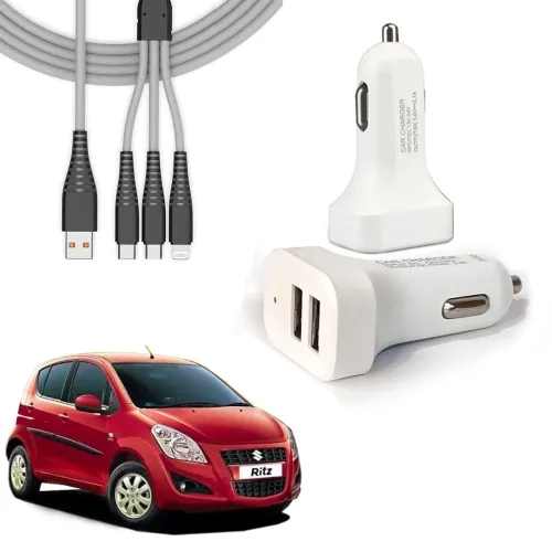 Image of Auto Pearl 2 Ports Fast Car Charger with 3 in 1 White Cable, Dual USB, Turbo Charger, Compatible with Ritz-Type-1 (2012-
