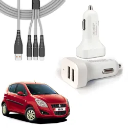 Auto Pearl 2 Ports Fast Car Charger with 3 in 1 White Cable, Dual USB, Turbo Charger, Compatible with Ritz-Type-1 (2012-