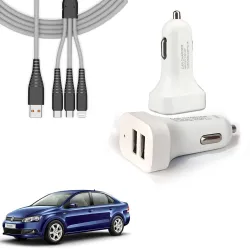 Auto Pearl 2 Ports Fast Car Charger with 3 in 1 White Cable, Dual USB, Turbo Charger, Compatible with Vento (2010-2014)