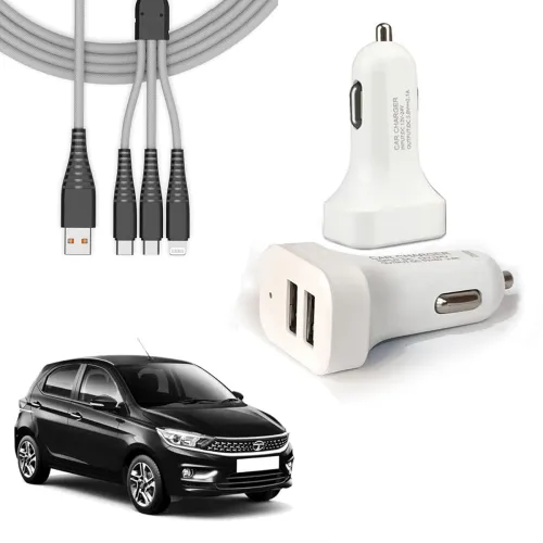 Image of Auto Pearl 2 Ports Fast Car Charger with 3 in 1 White Cable, Dual USB, Turbo Charger, Compatible with Tiago 2020 XT XZ M