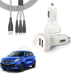 Auto Pearl 2 Ports Fast Car Charger with 3 in 1 White Cable, Dual USB, Turbo Charger, Compatible with Celerio 2021 Onwar