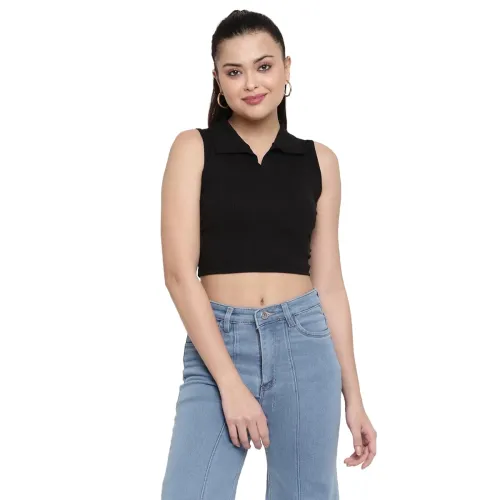 Image of AVANOVA Women's & Girl's Solid Ribbed V-Neck Sleeveless Crop Tops for Women