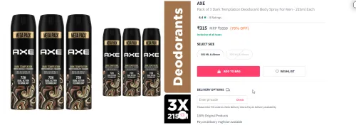 Image of AXE Pack of 3 Deodorant Body Spray 