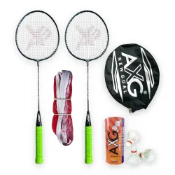 AXG Scratch Resistant A-2000 Badminton Racquets Set of 2 with 3 Feather Shuttles and Net Badminton Kit (Green)