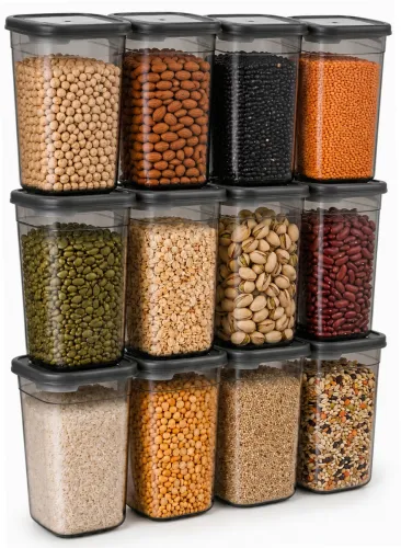 Image of AXN Plastic Grocery Container - 1 L (Pack of 12, Transparent, Black)