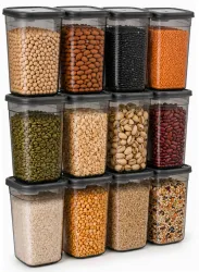 AXN Plastic Grocery Container - 1 L (Pack of 12, Transparent, Black)
