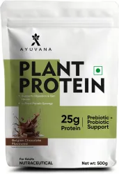 Ayuvana Plant Protein Powder with Prebiotics & Probiotics Plant-Based Protein (500 g, Belgian Chocolate)