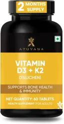 Ayuvana Vitamin D3 K2 Tablets 600 IU D3 55mcg K2 Bone for Immunity Support