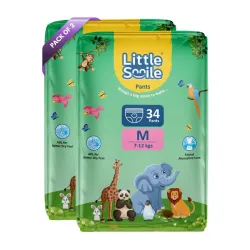 Baby Diapers Pant Style | Size - M - 34 (Pack of 2) | Odorless and Antibacterial Layer with Urine Indicator (68 Pieces)