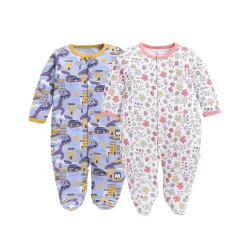 BABY GO Cotton Footed Baby Romper Jumpsuit Pack of 2 | Full Sleeve Sleepsuit | Onesies for Infants, New Born Baby Boys & Baby Girls
