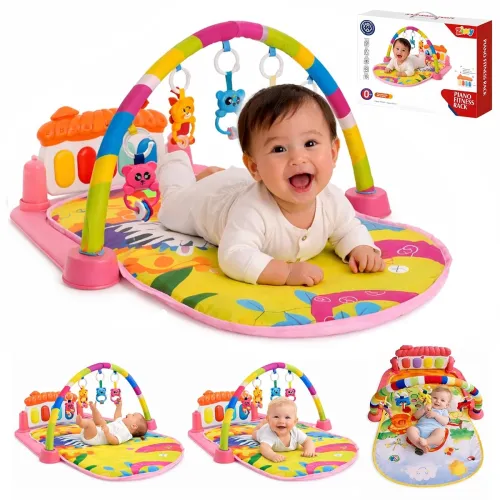 Image of Baby Play Gym Mat with Hanging Toys Pink