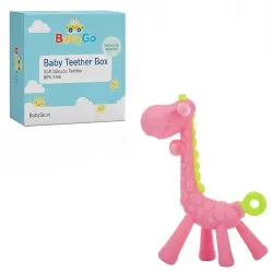 BabyGo Silicone Giraffe Teether Toy | Soft Hand Chewing Soother with Easy Grip, Infant Gum Massager, Oral Comfort Teething Relief & Colorful Baby Development Toy (Pink)