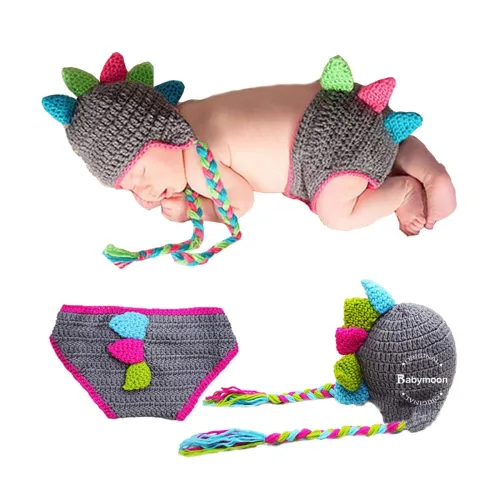 Image of BabyMoon Dinosaur Cap and Nappy Cover Crochet Baby New Born Photography Props