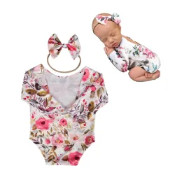 BabyMoon Floral Romper with Hairband Photoshoot Props Costume - White…