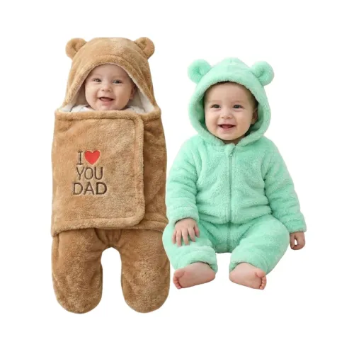 Image of BABYZONE Baby Winter Fleece Romper, Hooded Bear Ears Design Full-Zip Jumpsuit Pack of 2Pc