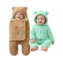 BABYZONE Baby Winter Fleece Romper, Hooded Bear Ears Design Full-Zip Jumpsuit Pack of 2Pc