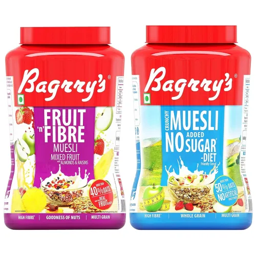 Image of Bagrry's Fruit N Fibre Muesli, Mixed Fruit, 1000g and Bagrry's No Added Sugar Crunchy Muesli Jar, 1000g