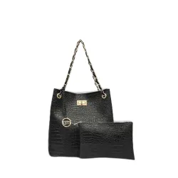 Bagsy Malone Bucket Shaped Tote Bag -Set of 2 | Handcrafted Side Tote Bag for Office and College (Croco Black)