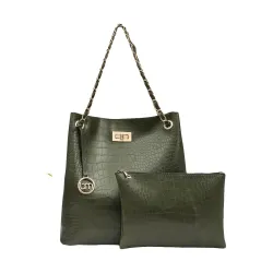 Bagsy Malone Bucket Shaped Tote Bag -Set of 2 | Handcrafted Side Tote Bag for Office and College (Croco Olive)