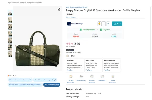 Image of Bagsy Malone Stylish & Spacious Weekender Duffle Bag