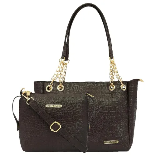 Image of Bagsy Malone Tote Bag -Set of 2 | Handcrafted Side Tote Bag and Handbag for Office and College (Croco Brown1)