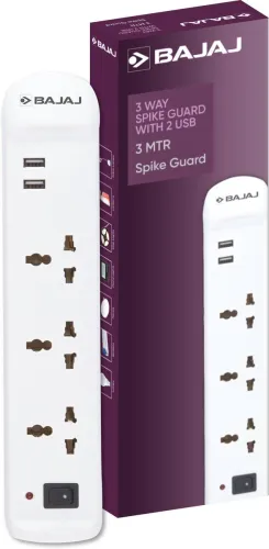 Image of BAJAJ 3-WAY SPIKE GUARD 3 SOCKET & 2 USB 3 Socket Extension Boards (White, 3 m, With USB Port)