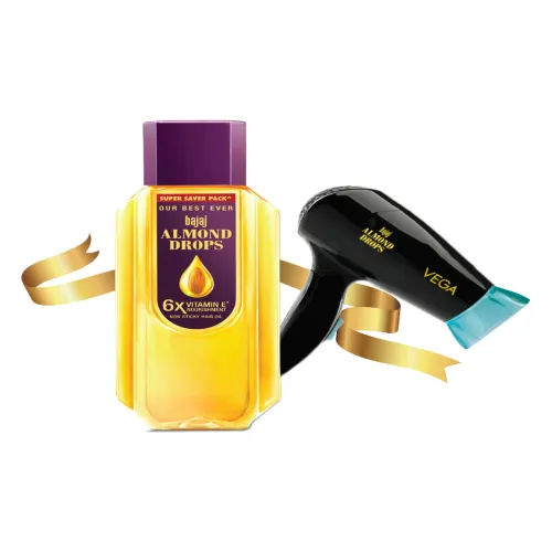 Image of BAJAJ CONSUMER CARE Almond Hair Oil 625ml + Vega 1000W Hair Dryer