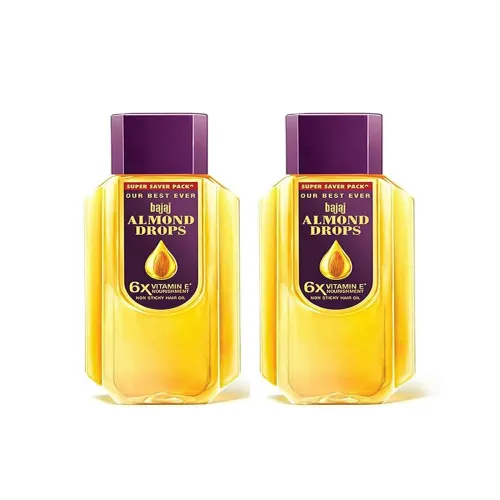 Image of BAJAJ CONSUMER CARE Set of 2 Almond Drops 6X Vitamin E Non-Sticky Hair Oil - 650ml Each