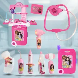 Barbie Theme Doctor Set - Portable Medical Trolley Playset with Lights, 9-Piece Educational First Aid Kit for Kids 3+, Dreamhouse Role Play Toy, Best Birthday Gift for Girls - Pink