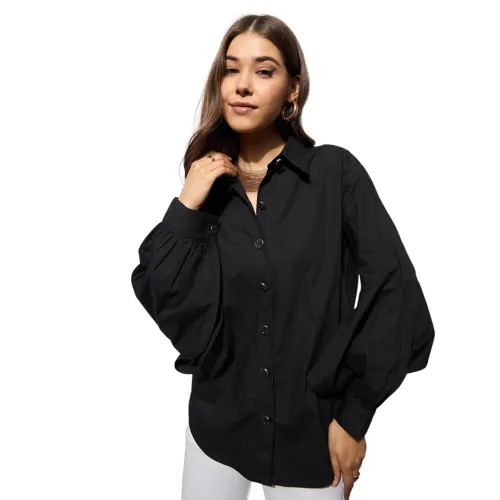 Image of barcino Black Poplin Lantern Sleeves Shirt