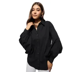 barcino Black Poplin Lantern Sleeves Shirt