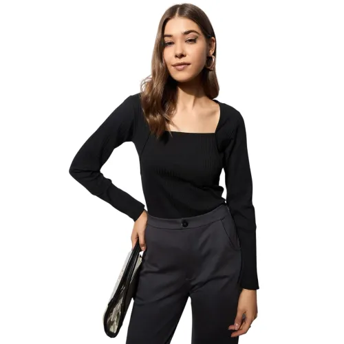 Image of barcino Black Rib Stitch Square Neck Full Sleeves Top