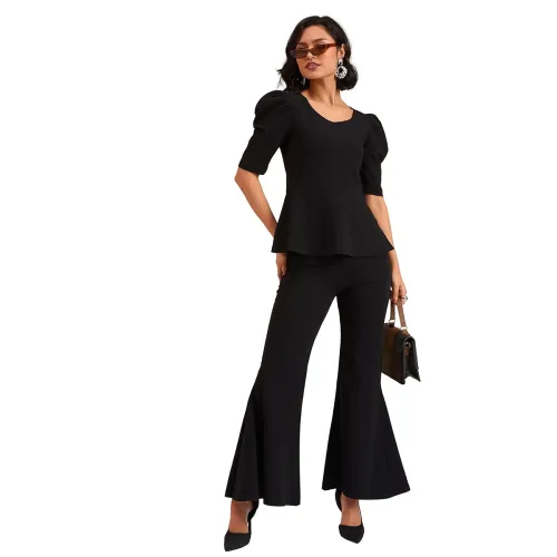Image of barcino Black Peplum Top with Bellbottom Pants