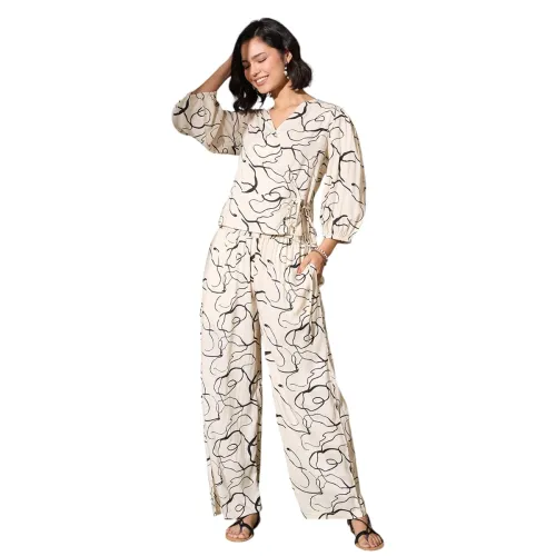 Image of barcino Off-White Abstract Wrap Top With Palazzos