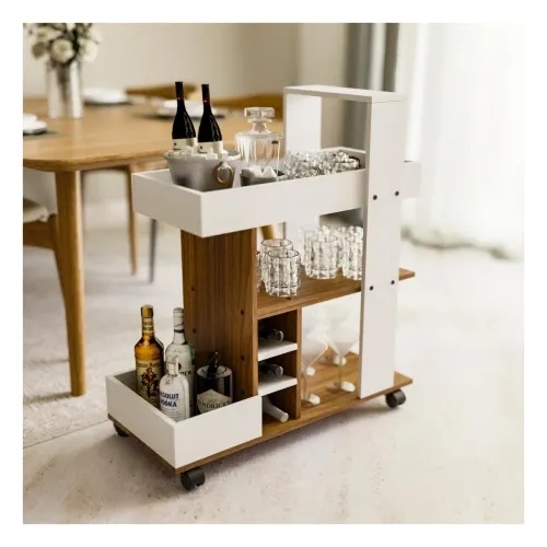 Image of Barista 3-Tier Engineered Wood Rolling Bar Cart